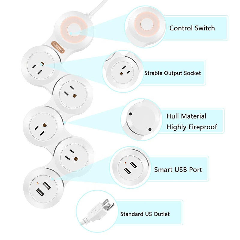 CORATED Flexible Surge Protector Power Strip with 2 USB Ports and 4 Outlets for Home, Office and Travel (9Ft Long Cord, White) - Image 2